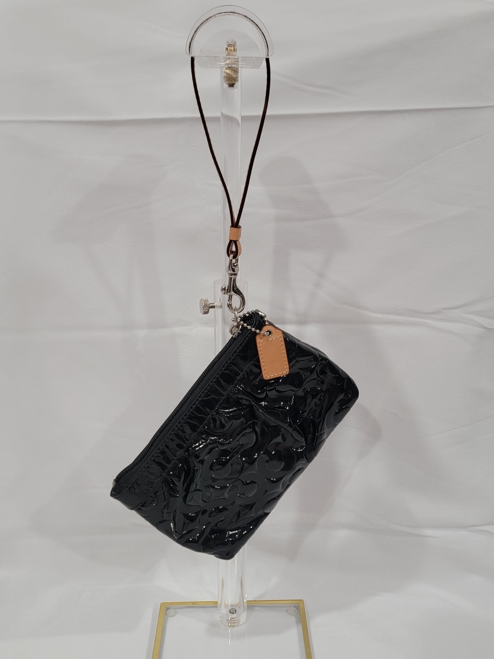 Coach Black Patent Wristlet with Tan Leather Tag